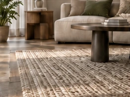Alfombra de textura natural junto a un sillón